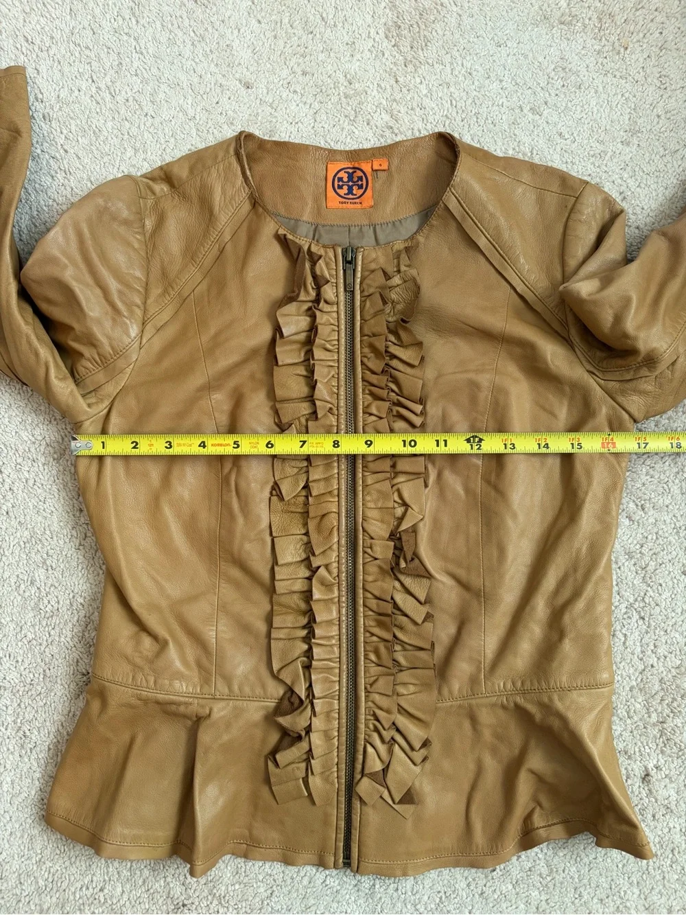 Tory Burch Ruffle Leather Jacket Tan Cognac Brown 3/4 Sleeve Full Zip Women Sz 6